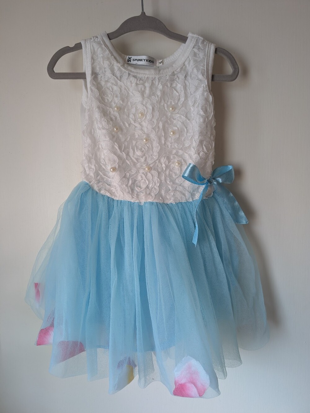 White Lace & Light Blue Tulle Party Dress